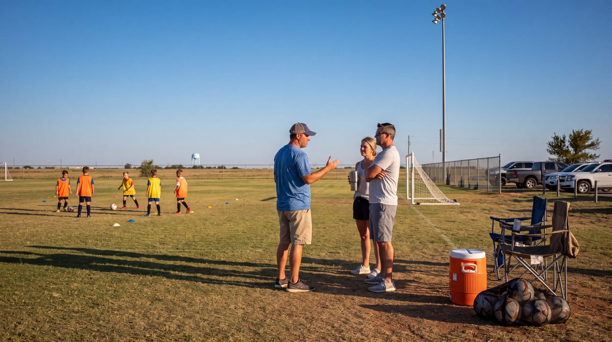 Parents and a coach talking on the sideline at a youth soccer complex while children run a drill behind them